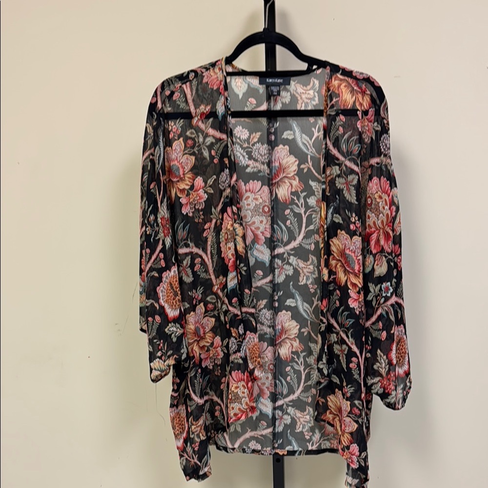 Karen Kane Black and multi-floral sheer coverup.